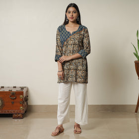 Brown - Pedana Kalamkari Block Printed Cotton Short Kurta with Ajrakh Patchwork 05