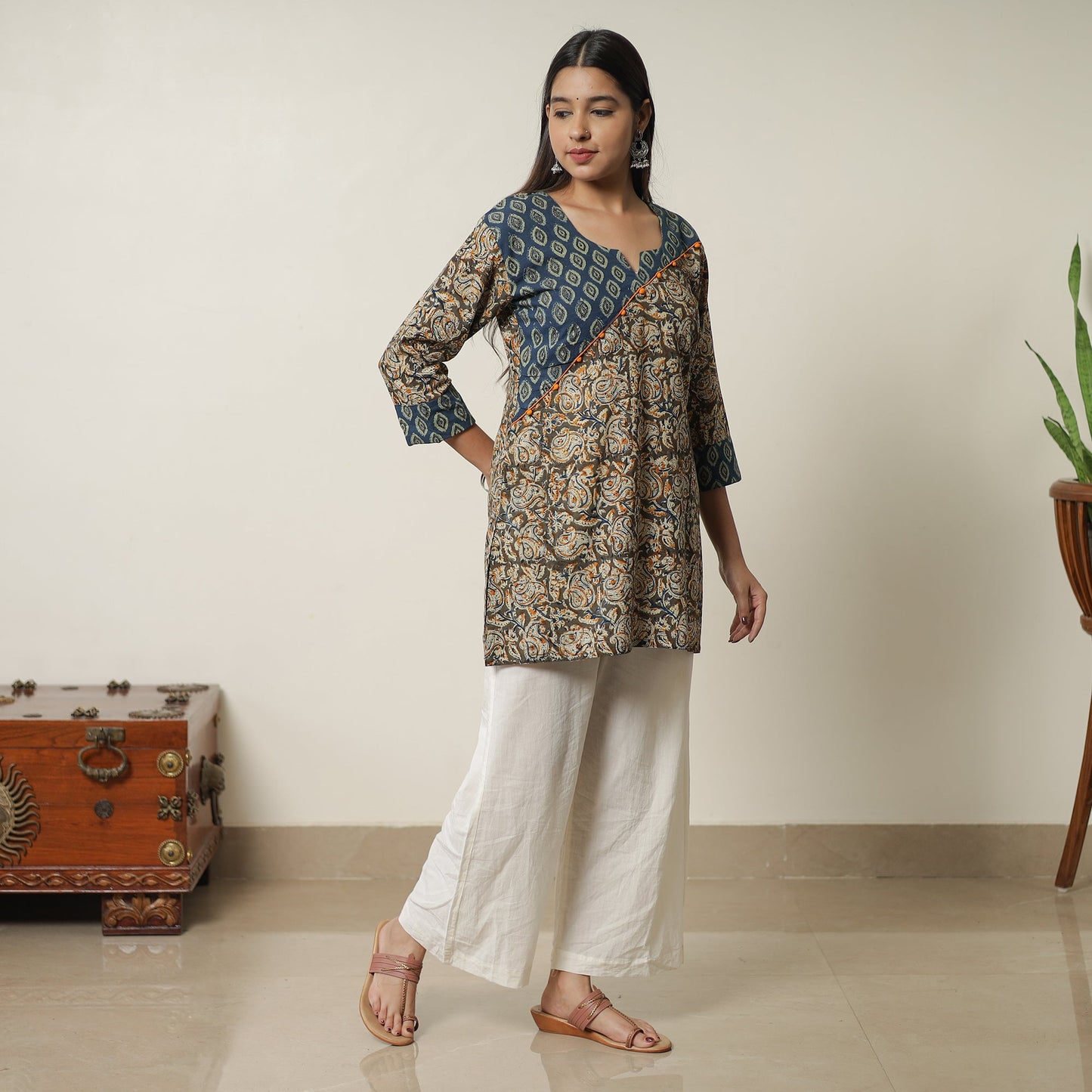 Brown - Pedana Kalamkari Block Printed Cotton Short Kurta with Ajrakh Patchwork 05