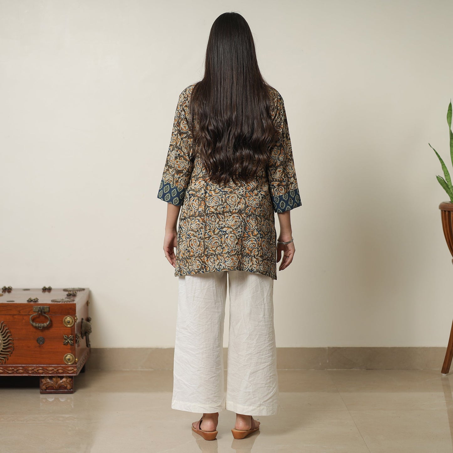 Brown - Pedana Kalamkari Block Printed Cotton Short Kurta with Ajrakh Patchwork 05