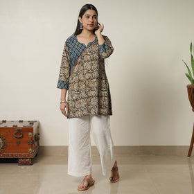 Brown - Pedana Kalamkari Block Printed Cotton Short Kurta with Ajrakh Patchwork 05