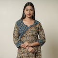 Brown - Pedana Kalamkari Block Printed Cotton Short Kurta with Ajrakh Patchwork 05