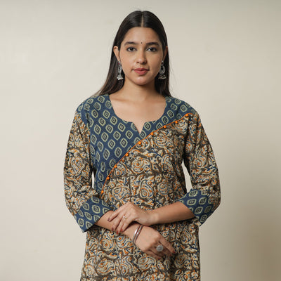 Brown - Pedana Kalamkari Block Printed Cotton Short Kurta with Ajrakh Patchwork 05