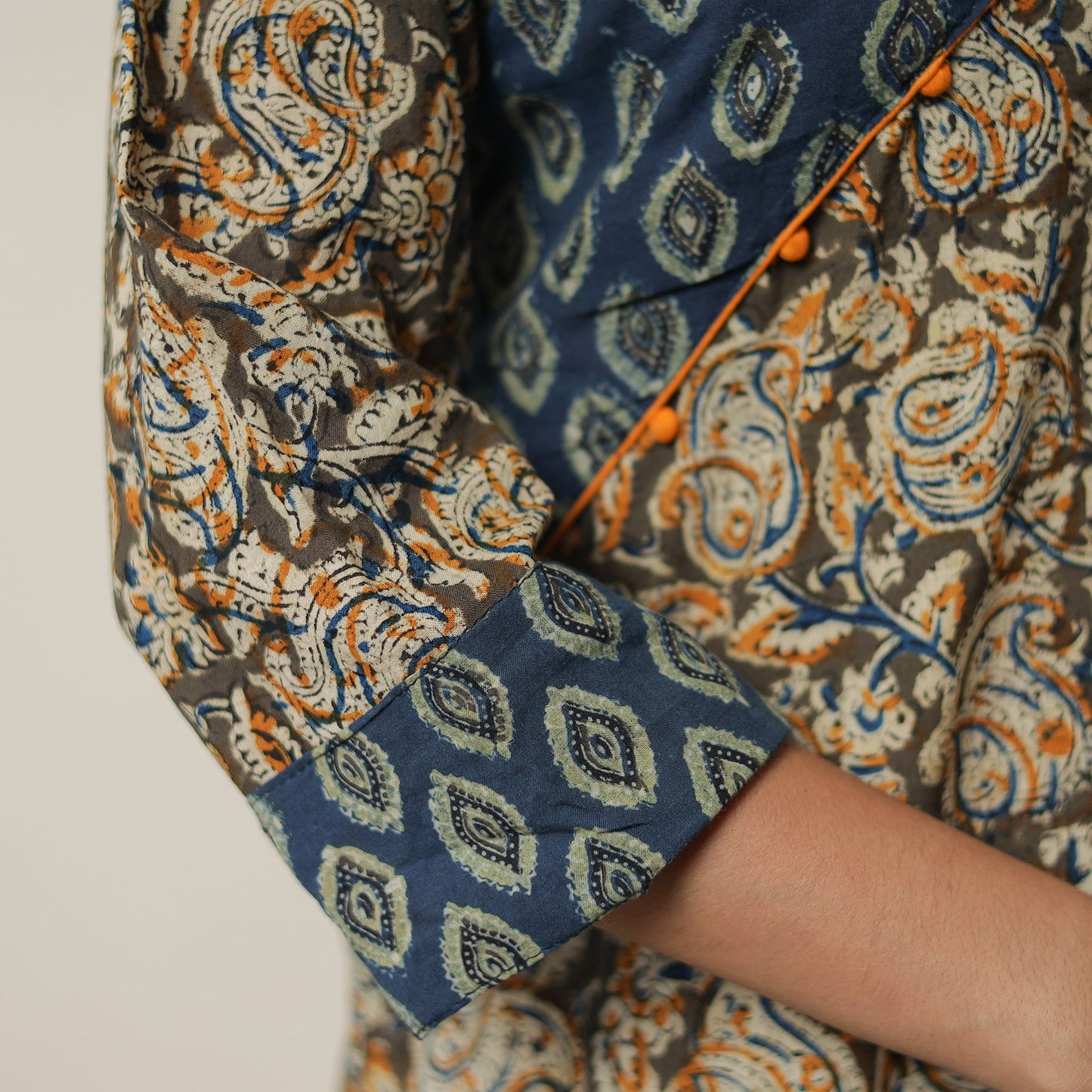 Brown - Pedana Kalamkari Block Printed Cotton Short Kurta with Ajrakh Patchwork 05