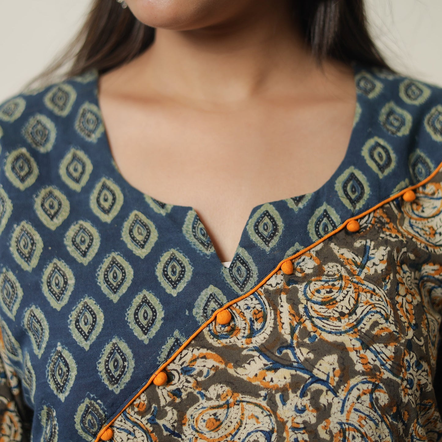 Brown - Pedana Kalamkari Block Printed Cotton Short Kurta with Ajrakh Patchwork 05