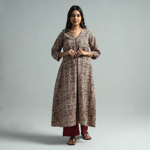 Brown - Pedana Kalamkari Block Printed Cotton Kurta with Palazzo Set