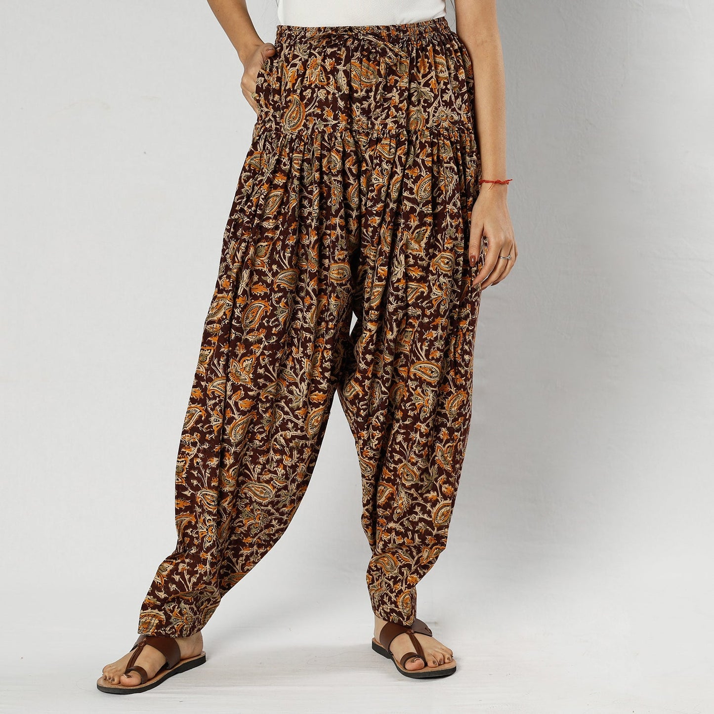 Brown - Pedana Kalamkari Block Printing Cotton Elasticated Salwar