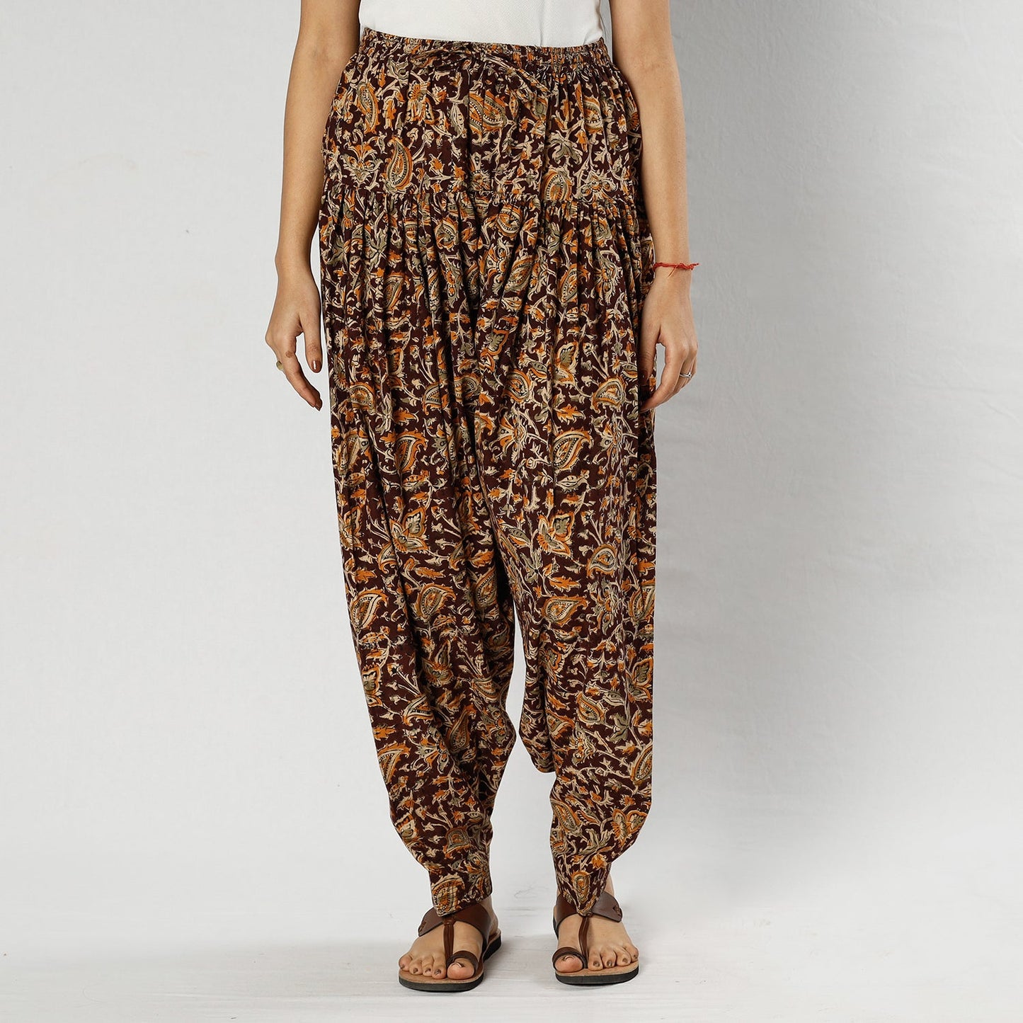 Brown - Pedana Kalamkari Block Printing Cotton Elasticated Salwar