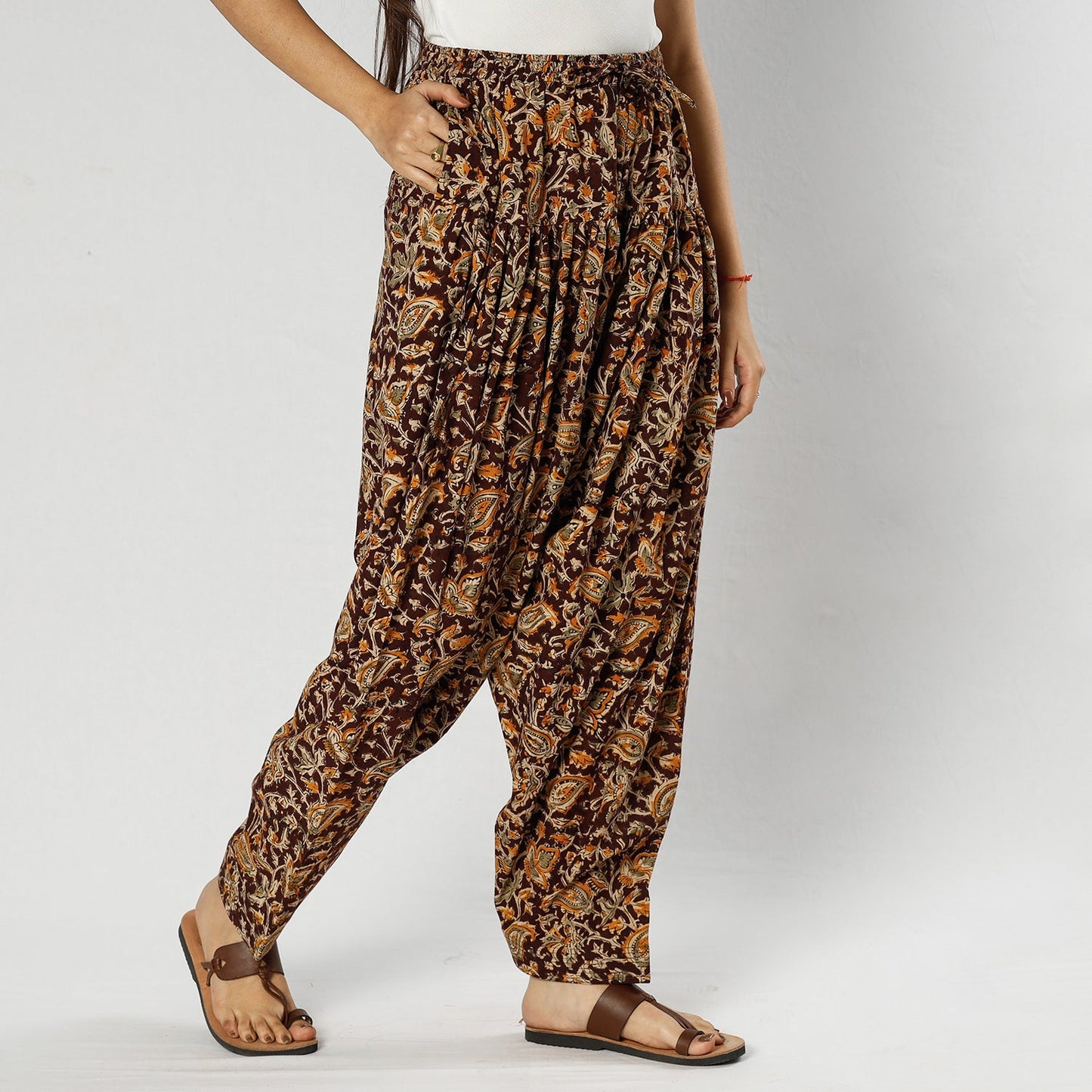 Brown - Pedana Kalamkari Block Printing Cotton Elasticated Salwar