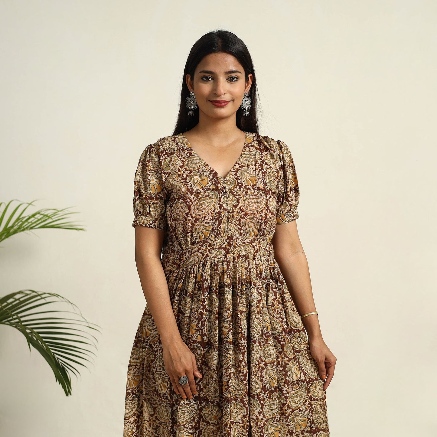 Pedana Block Print Mul Cotton Brown Flared Kalamkari Dress