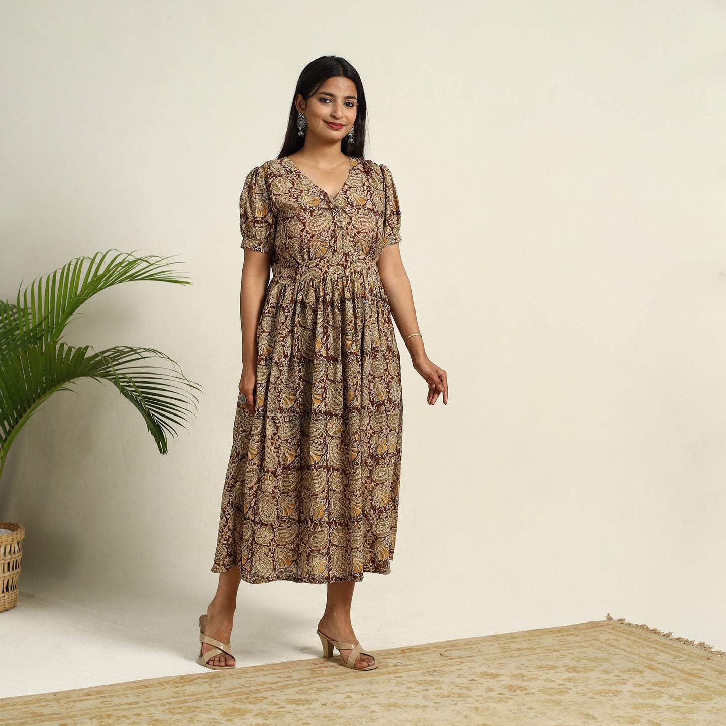 Pedana Block Print Mul Cotton Brown Flared Kalamkari Dress