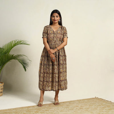 Pedana Block Print Mul Cotton Brown Flared Kalamkari Dress