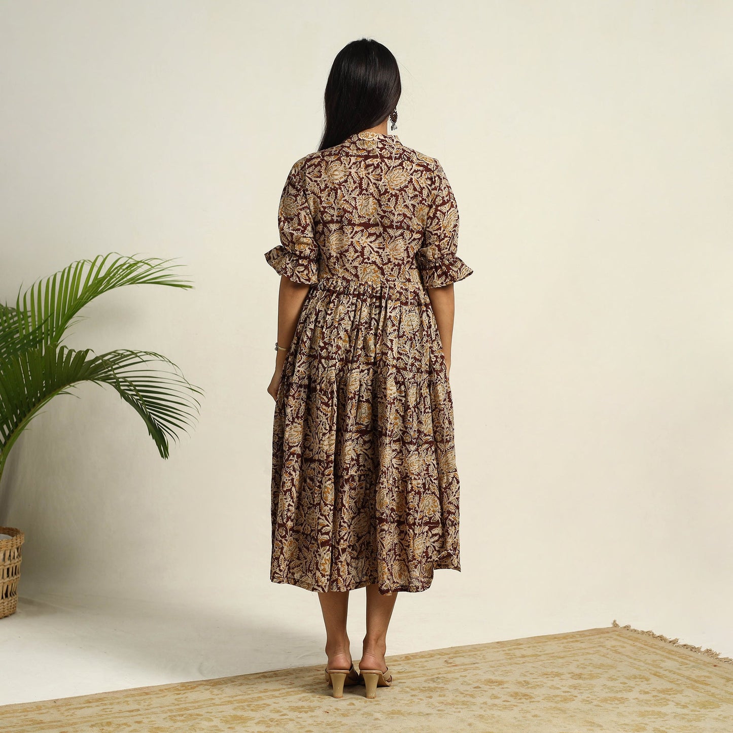 Pedana Block Print Mul Cotton Tiered Brown Kalamkari Dress