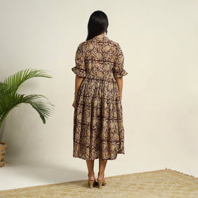 Pedana Block Print Mul Cotton Tiered Brown Kalamkari Dress
