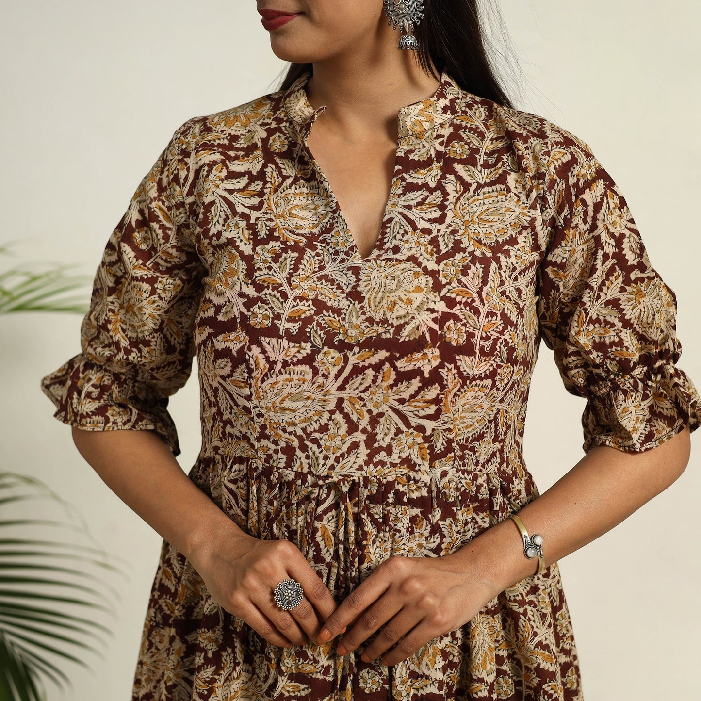 Pedana Block Print Mul Cotton Tiered Brown Kalamkari Dress