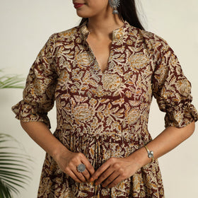 Pedana Block Print Mul Cotton Tiered Brown Kalamkari Dress
