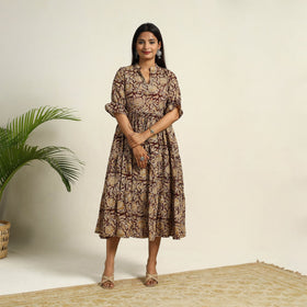 Pedana Block Print Mul Cotton Tiered Brown Kalamkari Dress