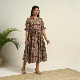 Pedana Block Print Mul Cotton Tiered Brown Kalamkari Dress