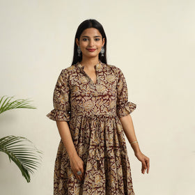 Pedana Block Print Mul Cotton Tiered Brown Kalamkari Dress