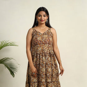 Pedana Block Print Mul Cotton Tiered Brown Kalamkari Dress