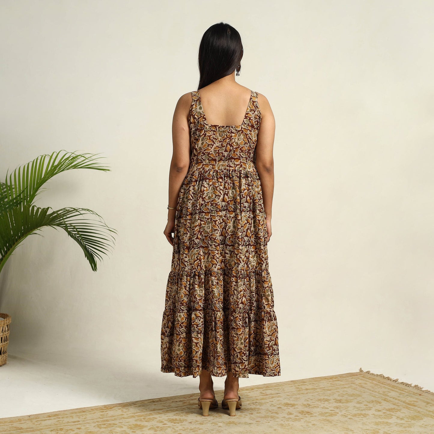 Pedana Block Print Mul Cotton Tiered Brown Kalamkari Dress