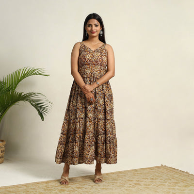 Pedana Block Print Mul Cotton Tiered Brown Kalamkari Dress