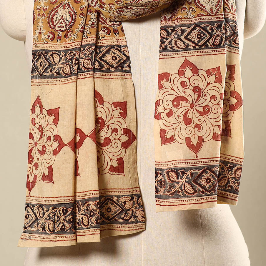 Brown Pedana Block Print Natural Dyed Cotton Kalamkari Stole