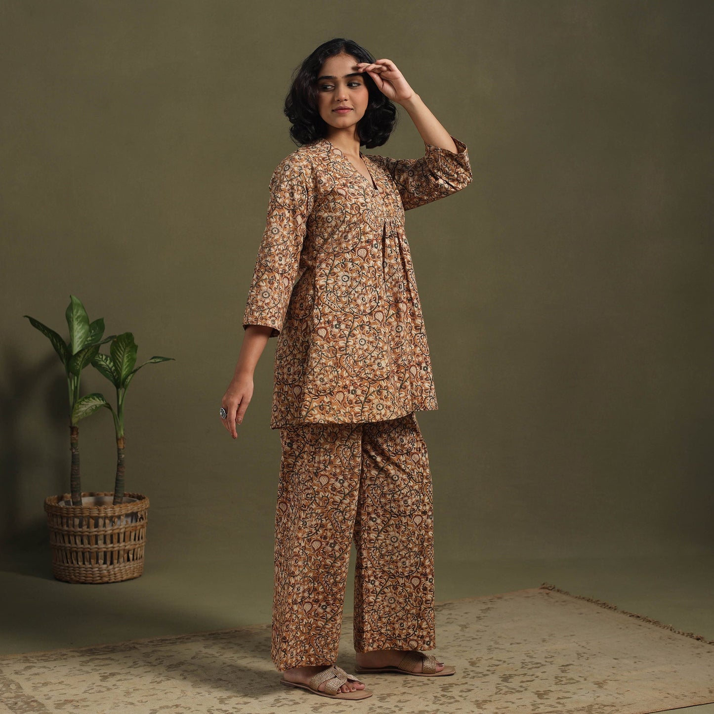 Brown Pedana Natural Dyed Block Print Kalamkari Co-ord Set 