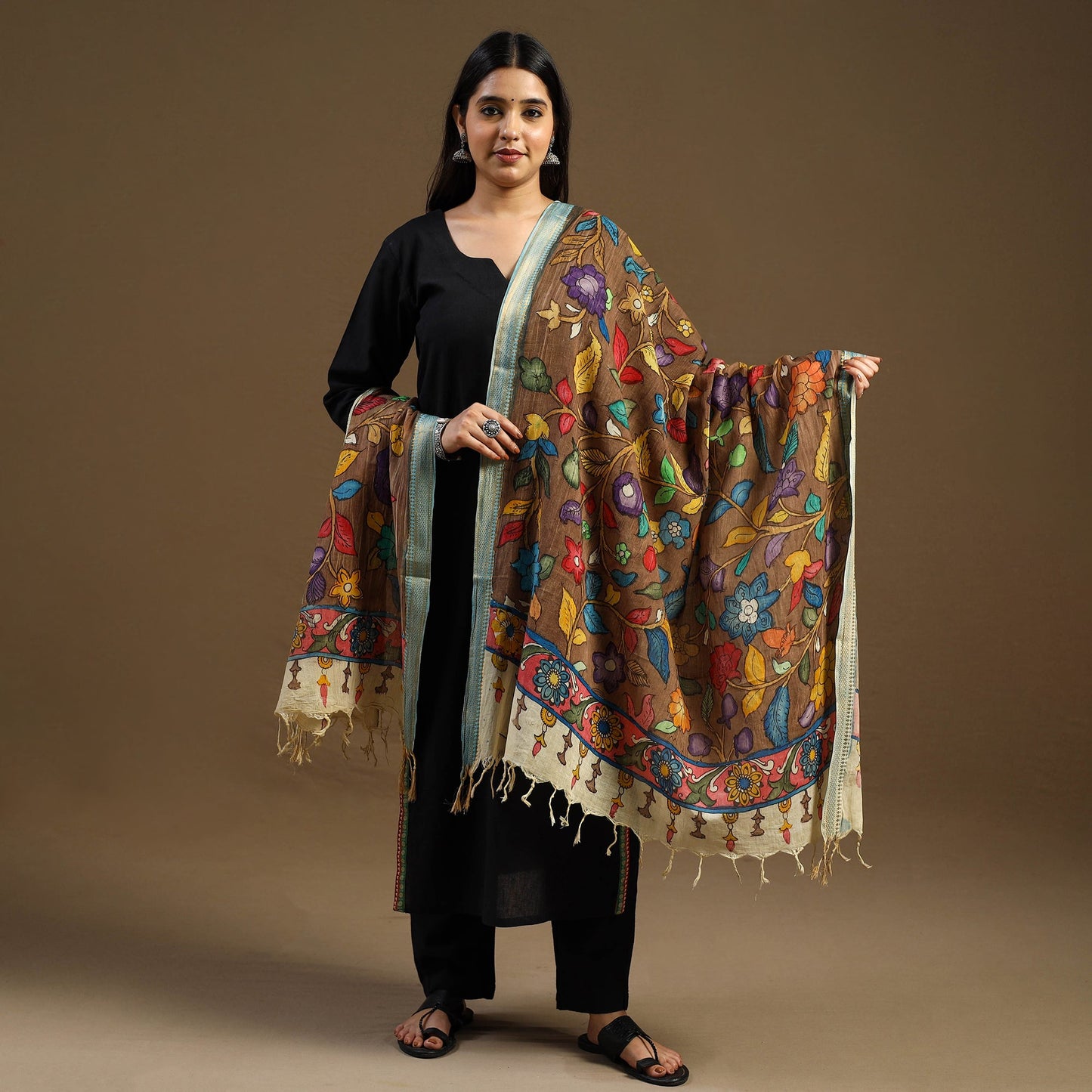 Pen Work Chanderi Silk Handpainted Kalamkari Dupatta