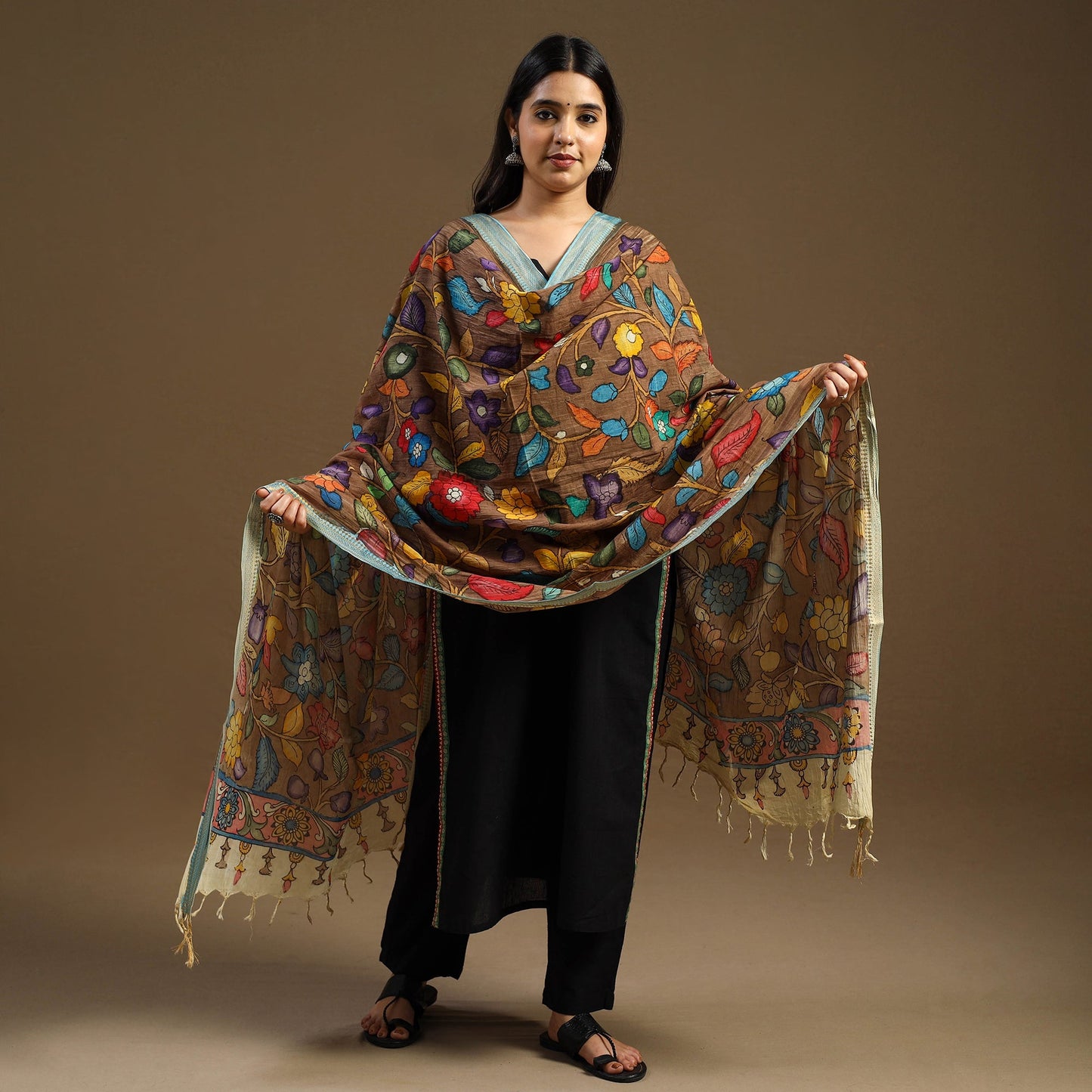 Pen Work Chanderi Silk Handpainted Kalamkari Dupatta