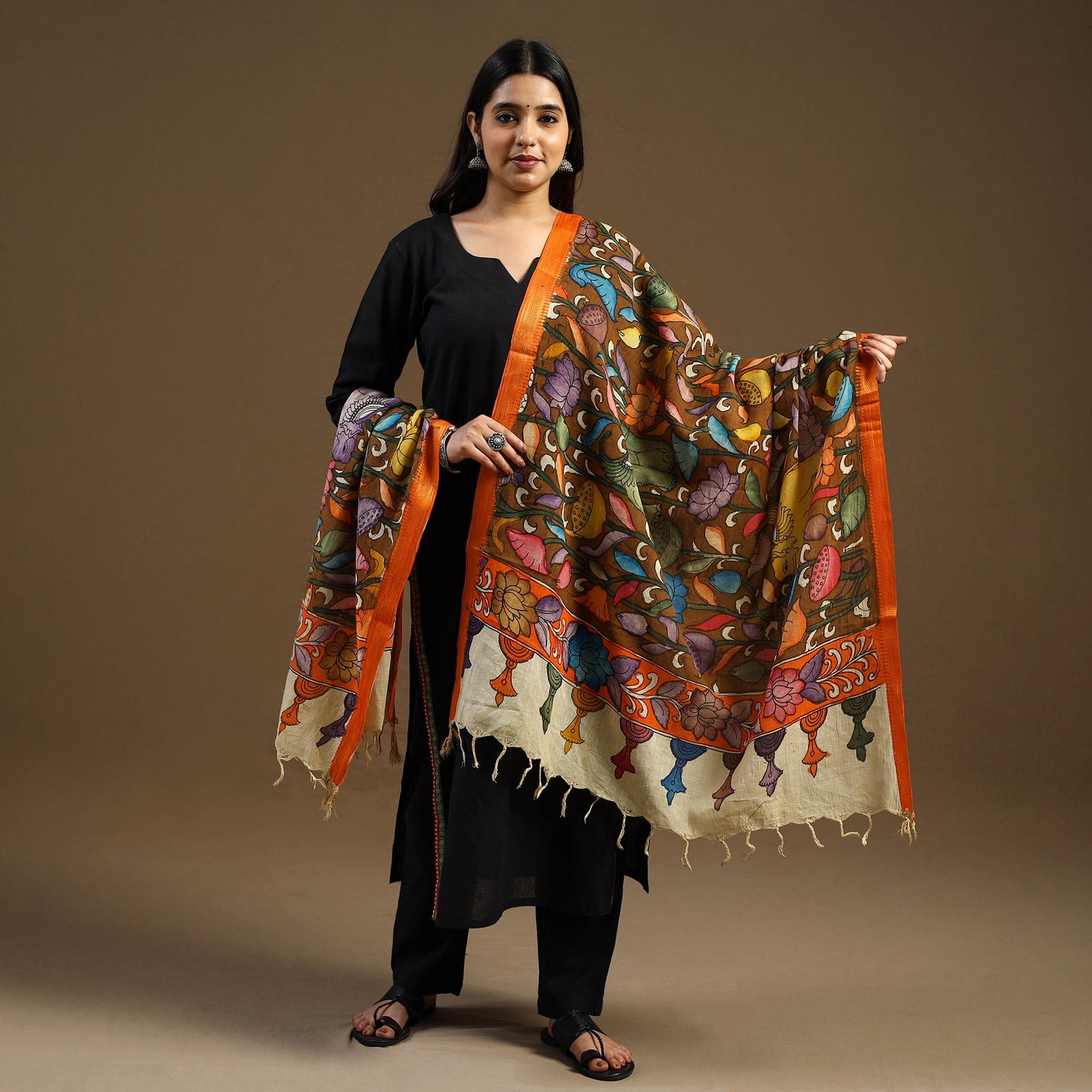Pen Work Chanderi Silk Handpainted Kalamkari Dupatta