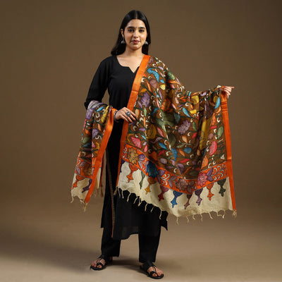 Pen Work Chanderi Silk Handpainted Kalamkari Dupatta