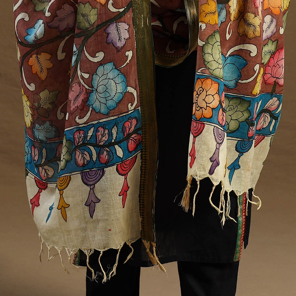 Brown - pen work chanderi silk handpainted kalamkari