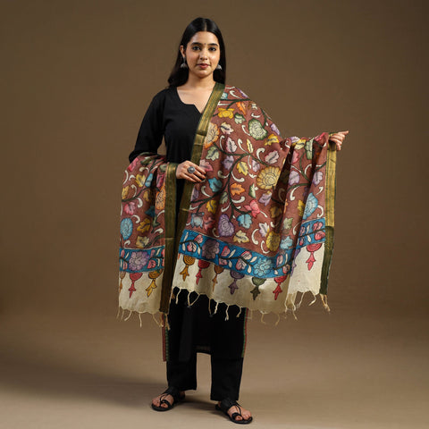 Brown - pen work chanderi silk handpainted kalamkari