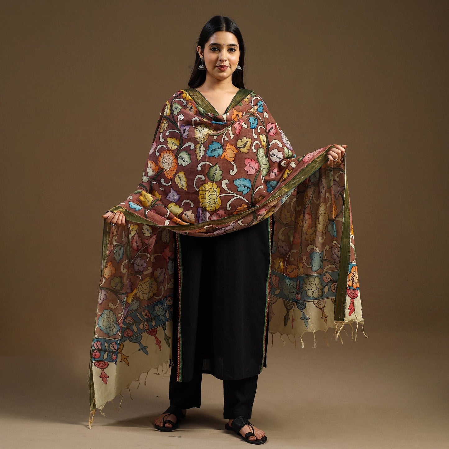 Brown - pen work chanderi silk handpainted kalamkari