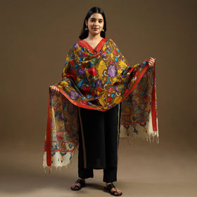 Brown Pen Work Chanderi Silk Handpainted Kalamkari Dupatta