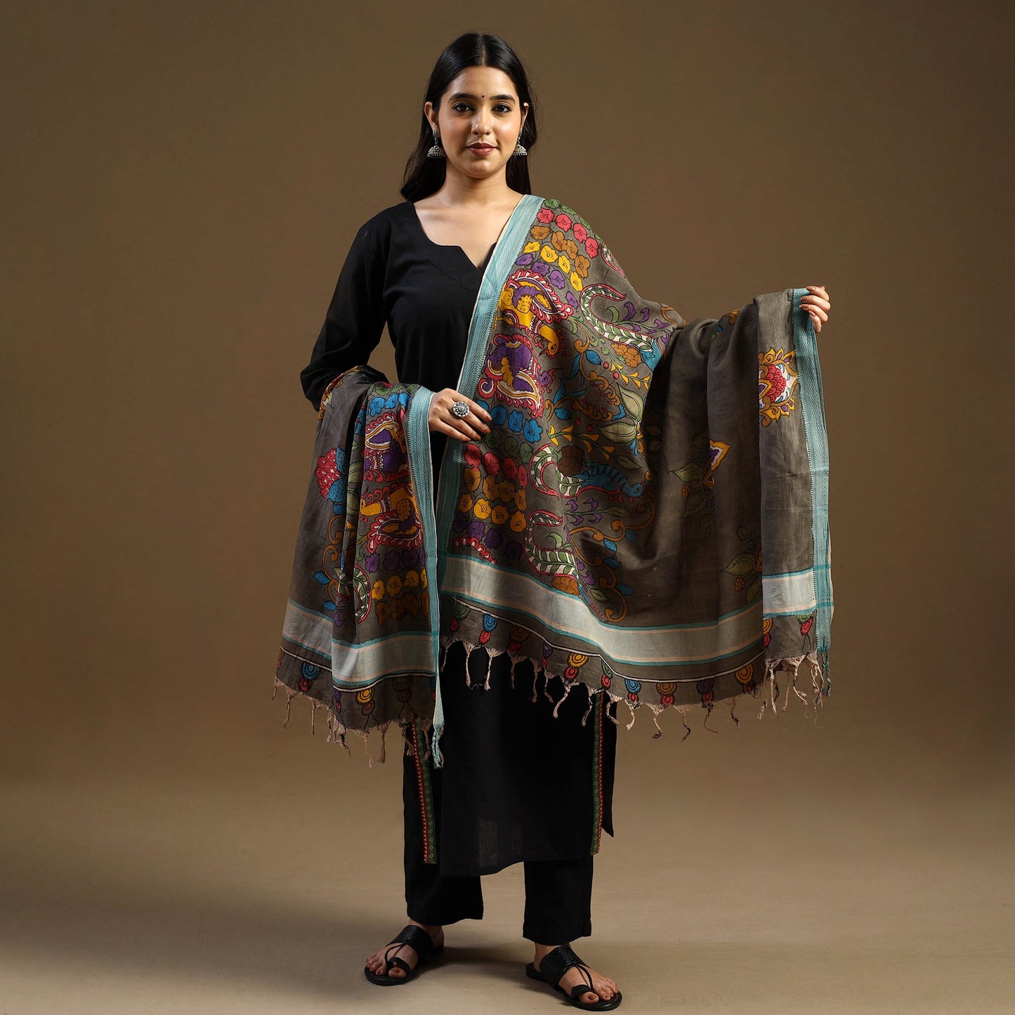 Pen Work Mangalagiri Cotton Handpainted Kalamkari Dupatta