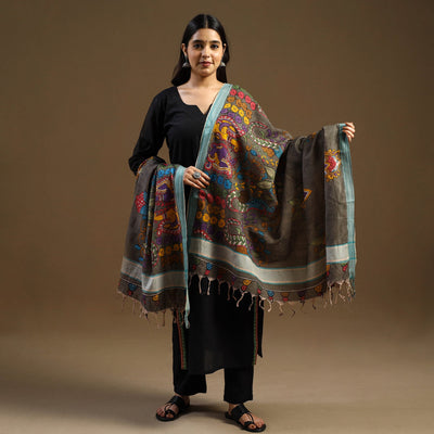 Pen Work Mangalagiri Cotton Handpainted Kalamkari Dupatta