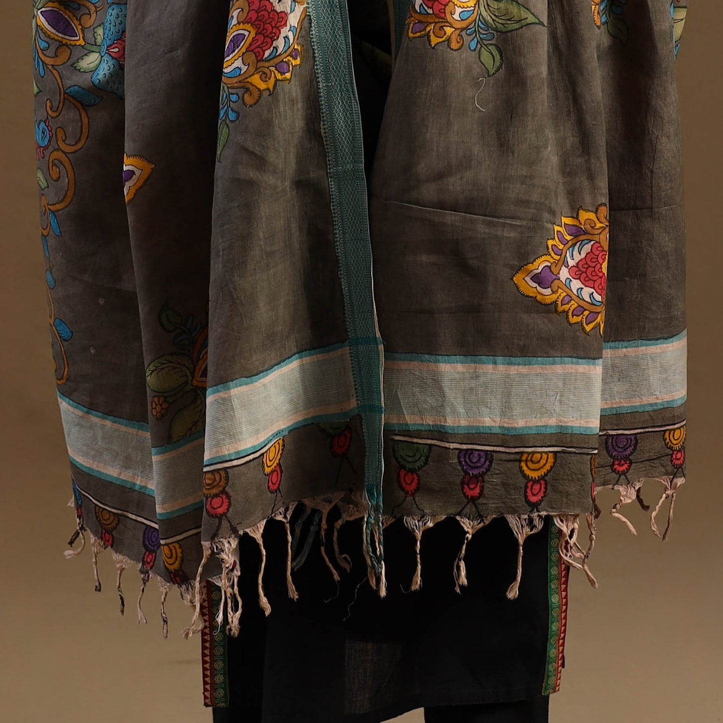 Pen Work Mangalagiri Cotton Handpainted Kalamkari Dupatta