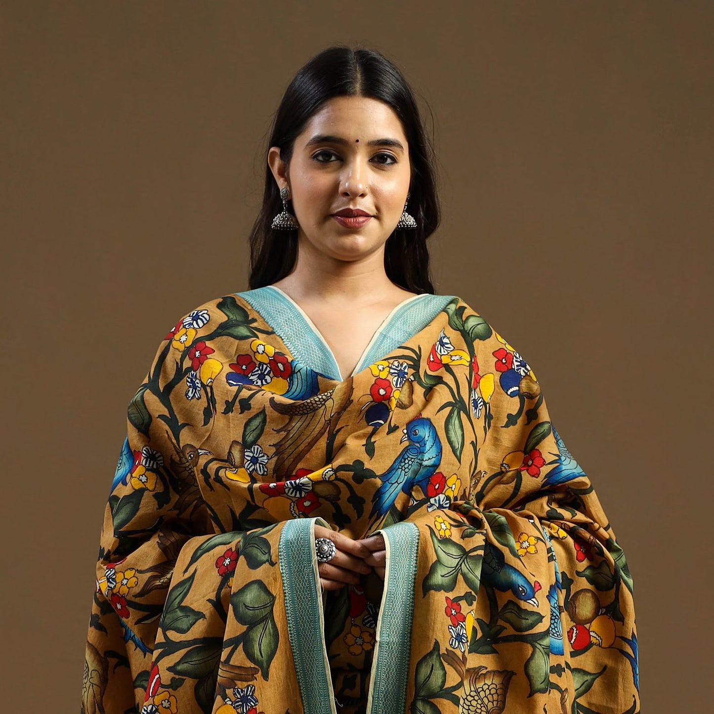 Pen Work Mangalagiri Cotton Handpainted Kalamkari Dupatta