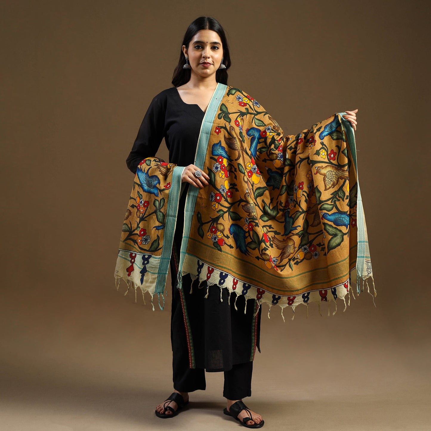 Pen Work Mangalagiri Cotton Handpainted Kalamkari Dupatta