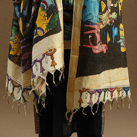 Brown Pen Work Mangalagiri Cotton Handpainted Kalamkari Dupatta