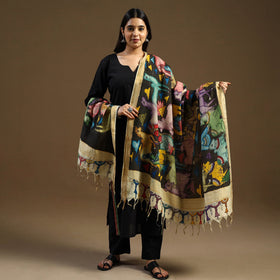 Brown Pen Work Mangalagiri Cotton Handpainted Kalamkari Dupatta