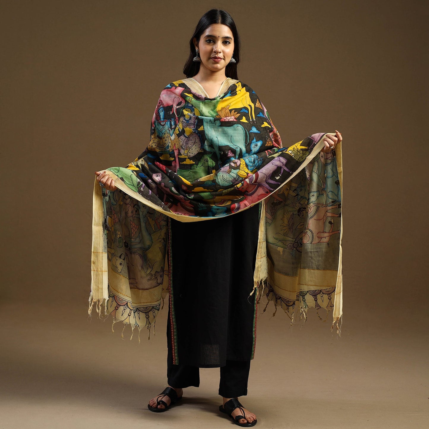 Brown Pen Work Mangalagiri Cotton Handpainted Kalamkari Dupatta