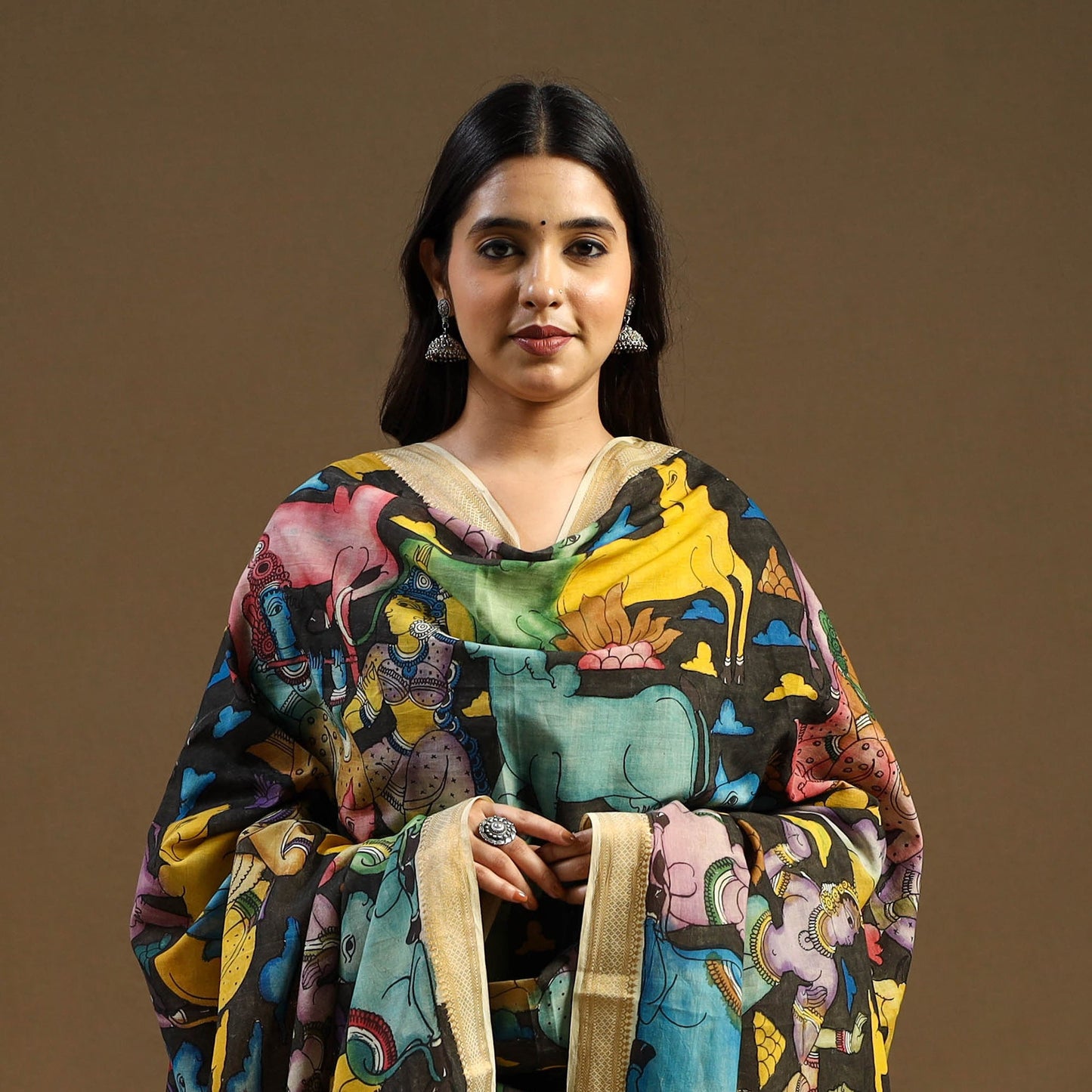 Brown Pen Work Mangalagiri Cotton Handpainted Kalamkari Dupatta