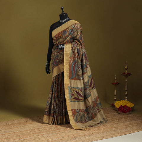 Brown - penwork tussar ghicha silk handspun handpainted