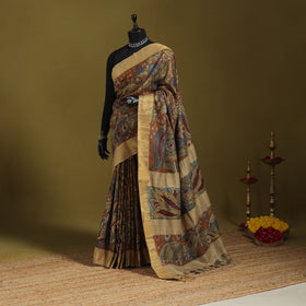 Brown - penwork tussar ghicha silk handspun handpainted