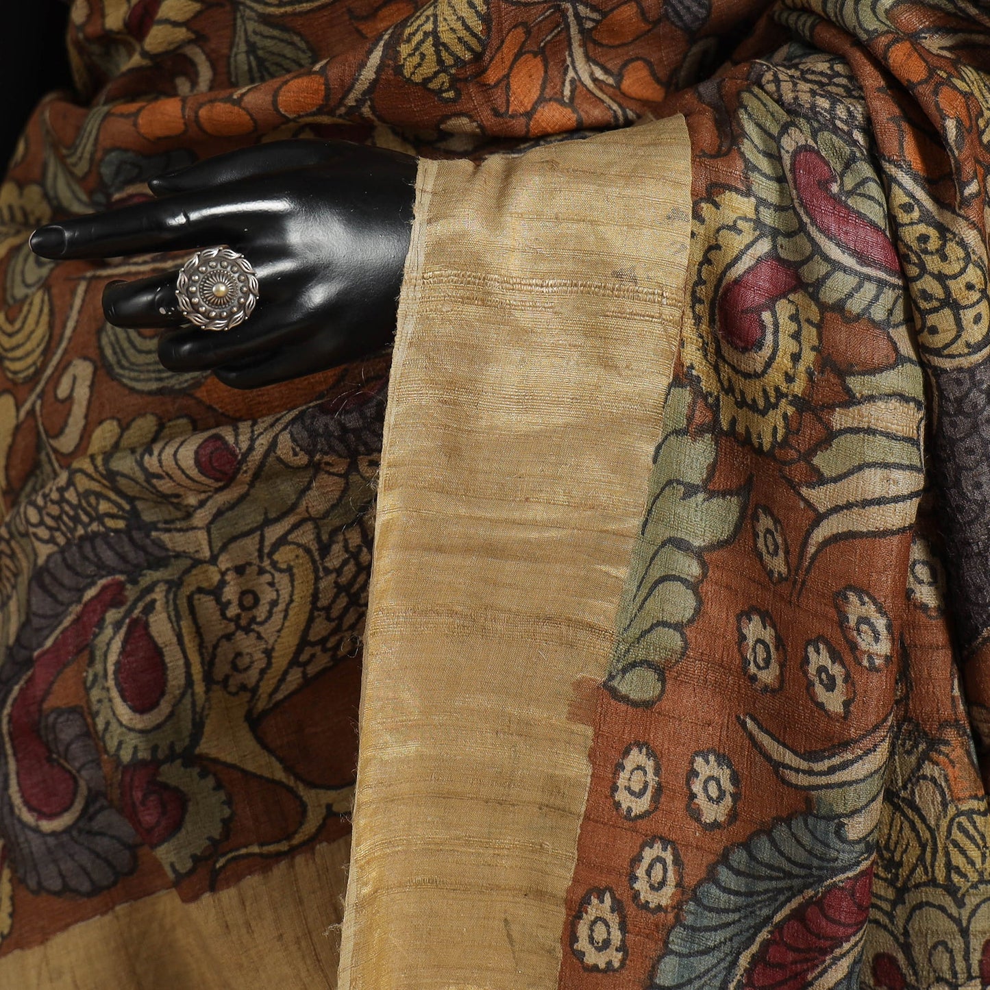 Brown - penwork tussar ghicha silk handspun handpainted