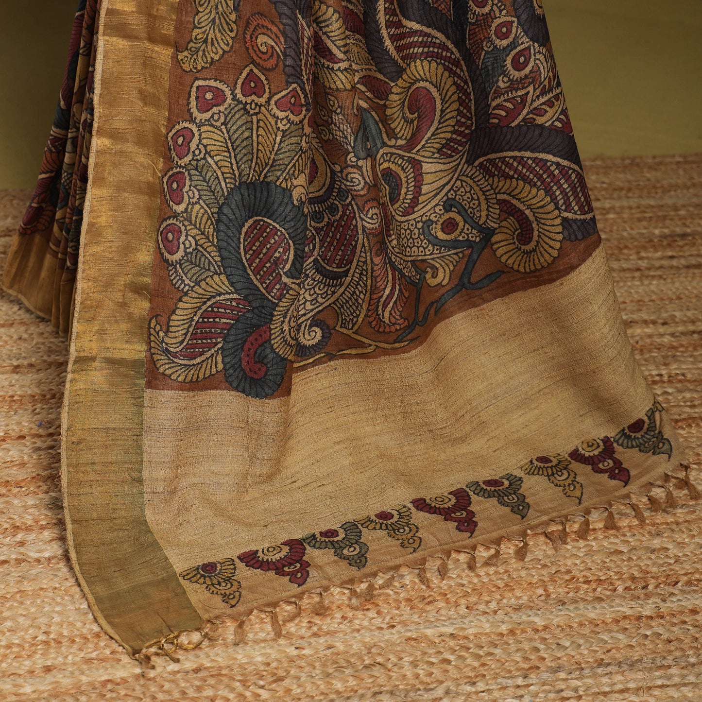 Brown - penwork tussar ghicha silk handspun handpainted