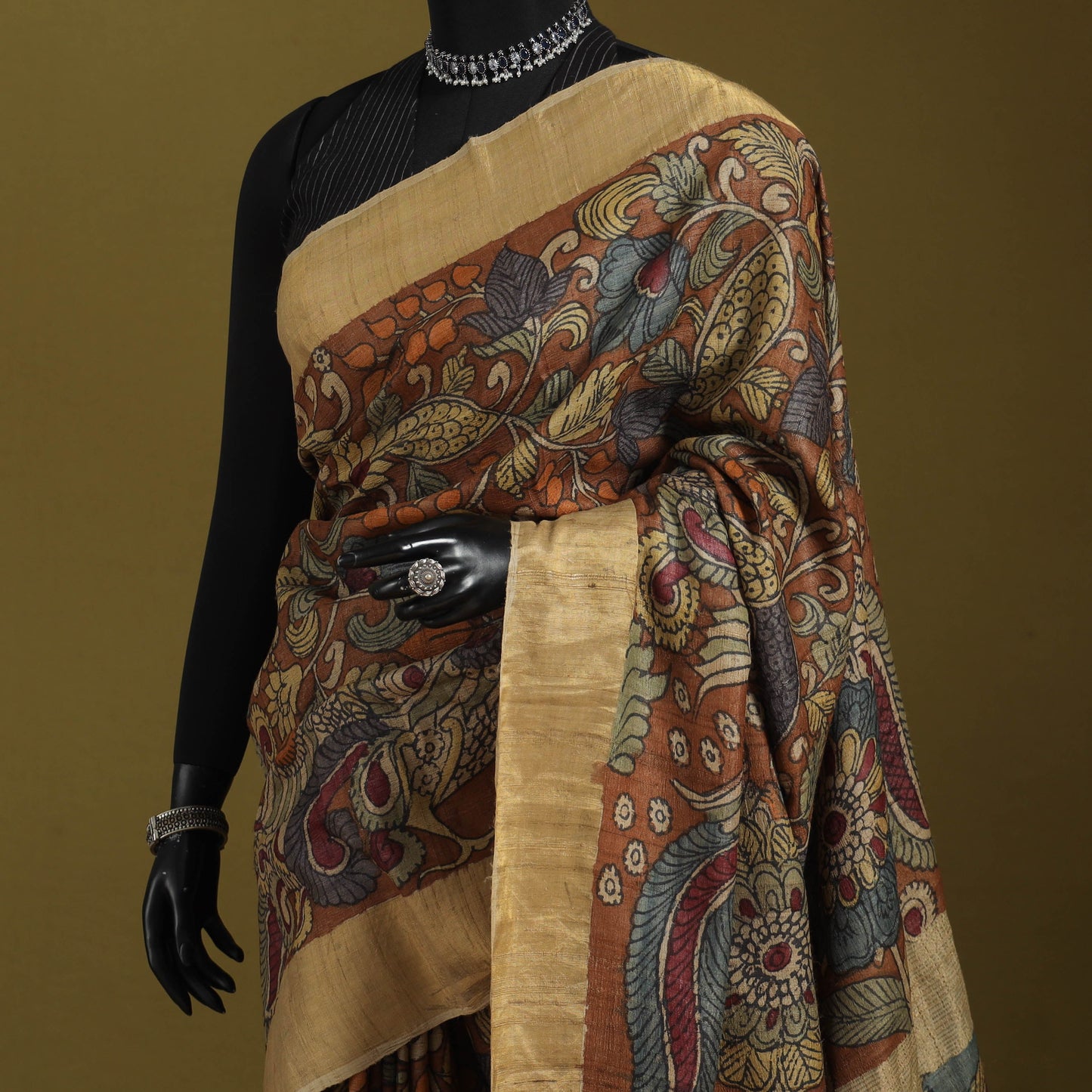 Brown - penwork tussar ghicha silk handspun handpainted