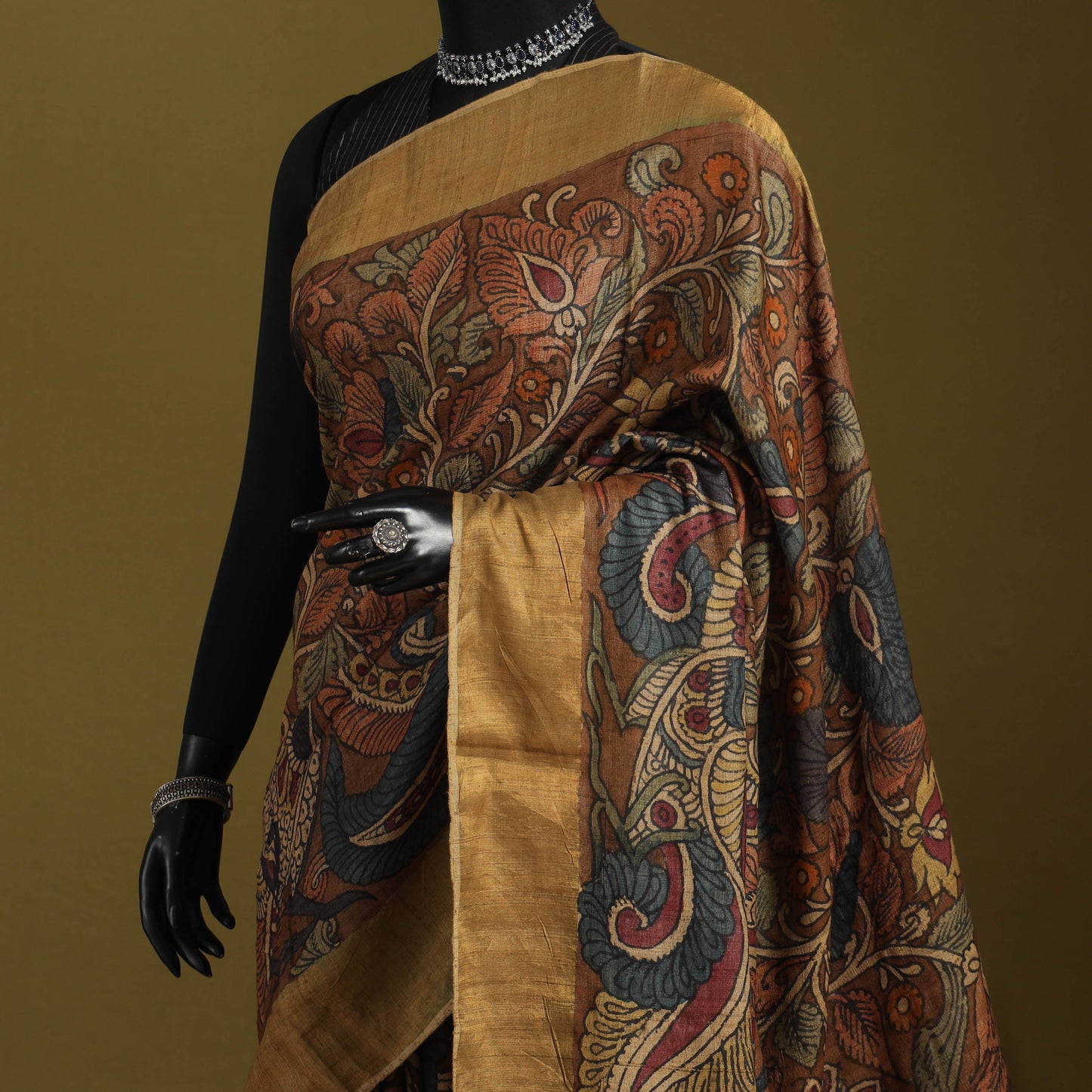 Brown - penwork tussar ghicha silk handspun handpainted